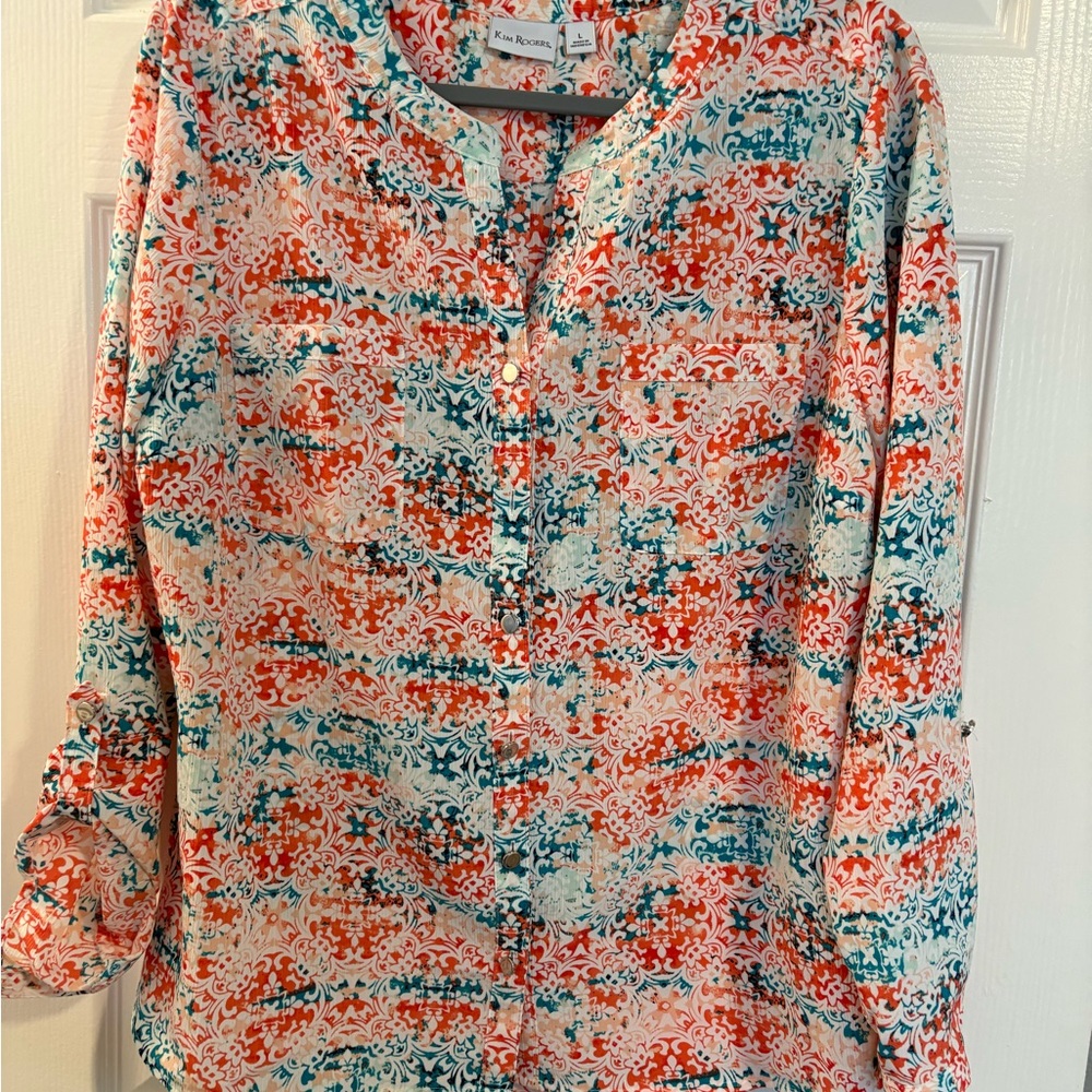 Kim Rogers Coral & Teal Patterned Button-Down Blouse
